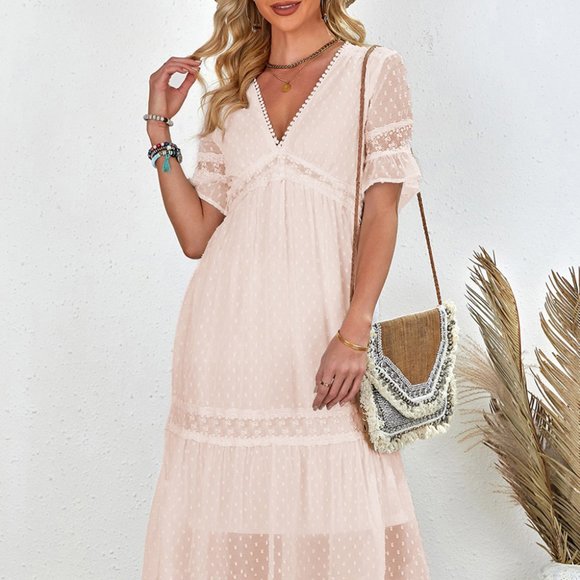 Swiss Dot V-Neck Short Sleeve Midi Dress - Picture 1 of 7